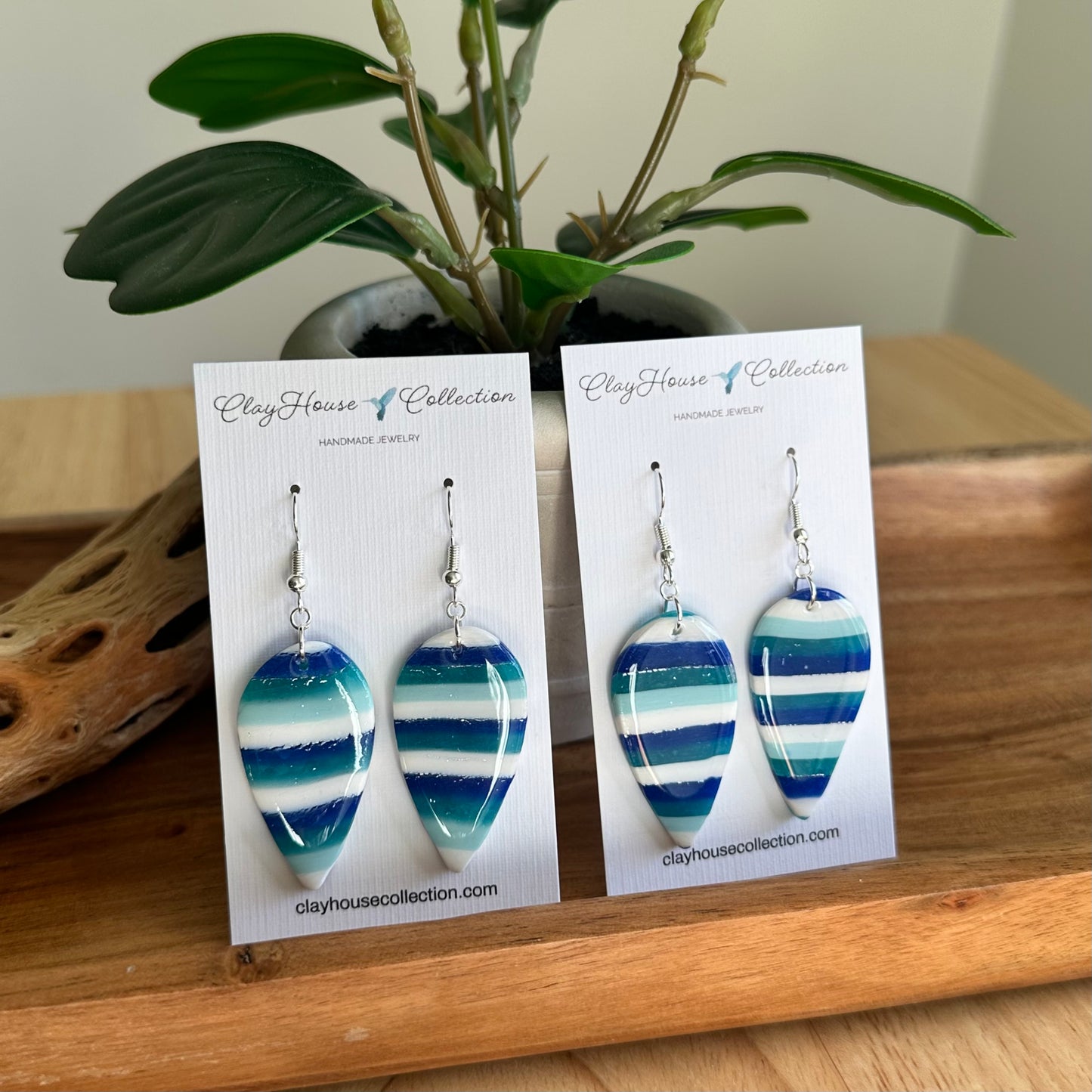 Teardrop Striped Blues Clay Earrings