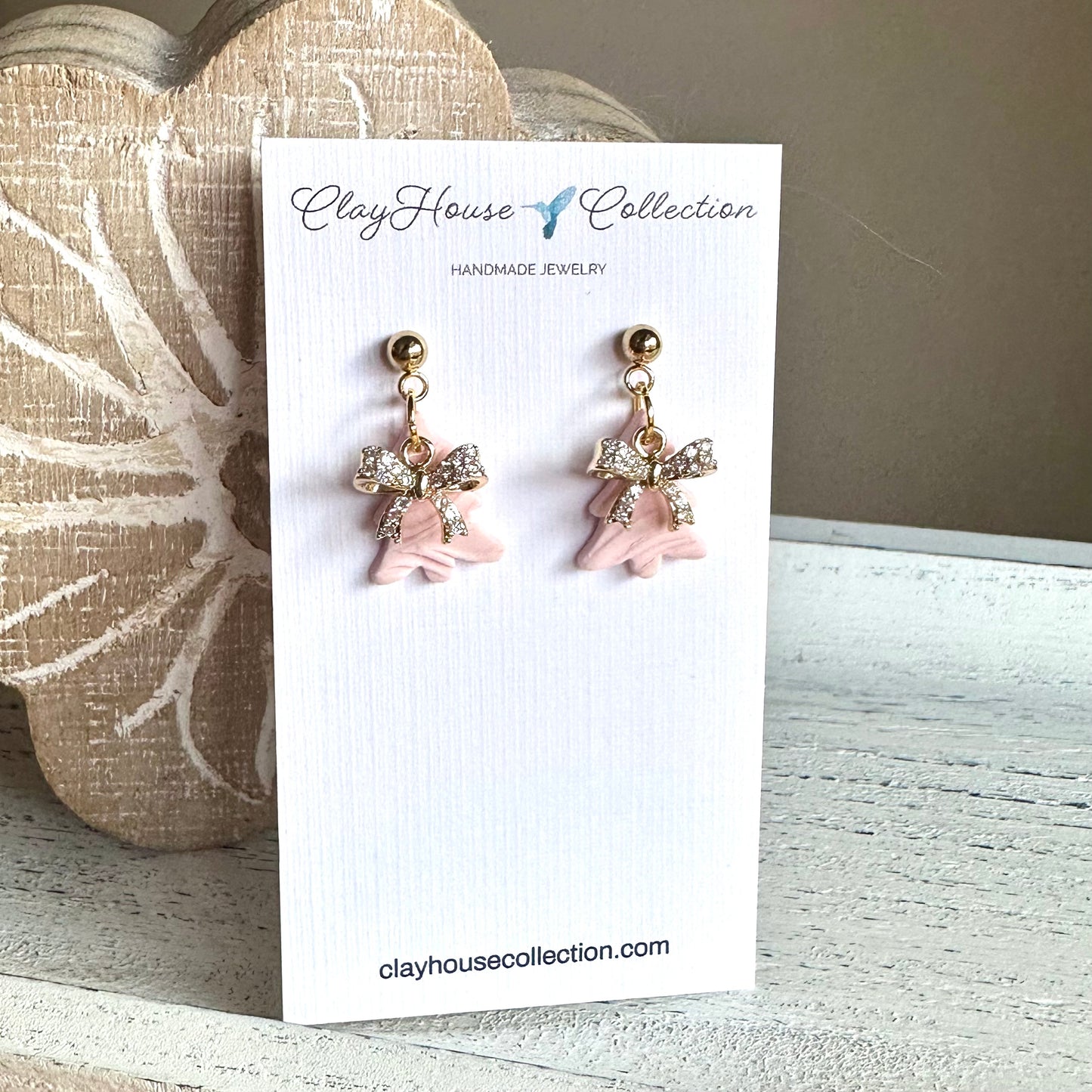Zirconia Bow Accented Pink Clay Christmas Tree Earrings