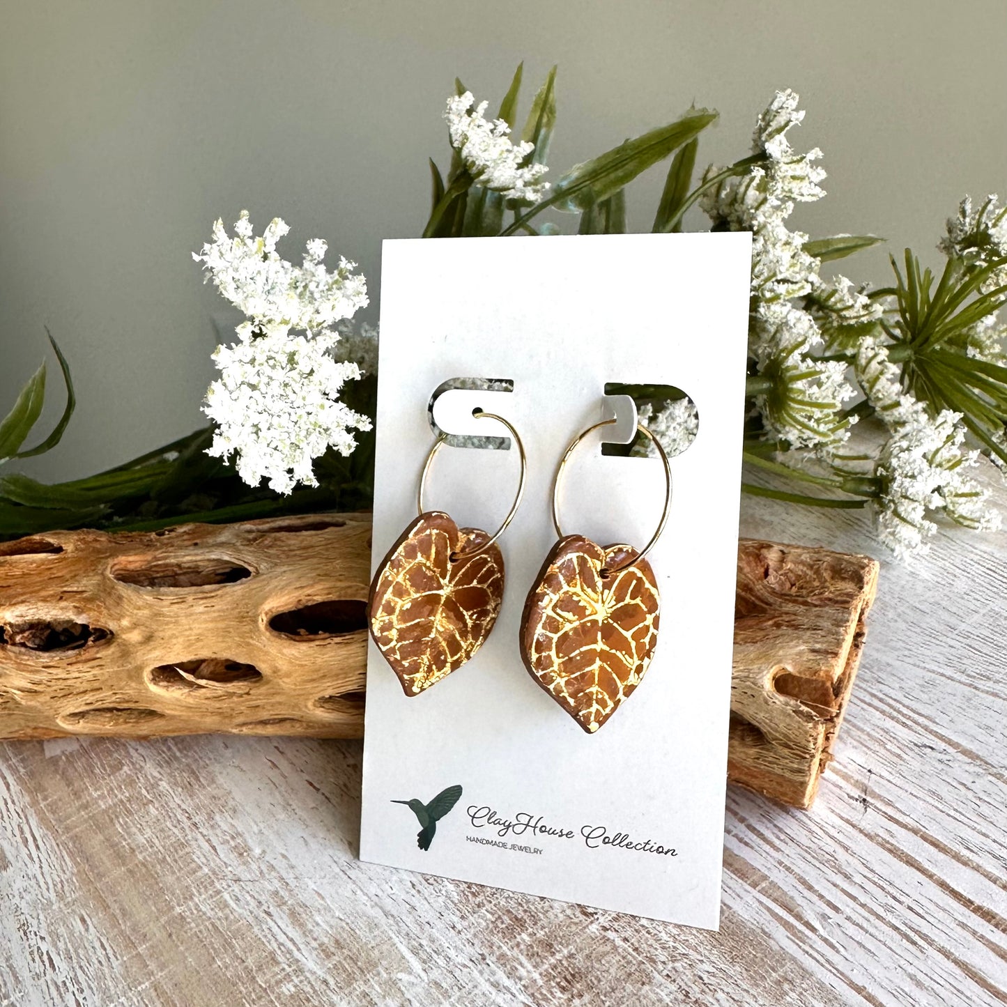 Rust Leaf Gold Accents Clay Earrings