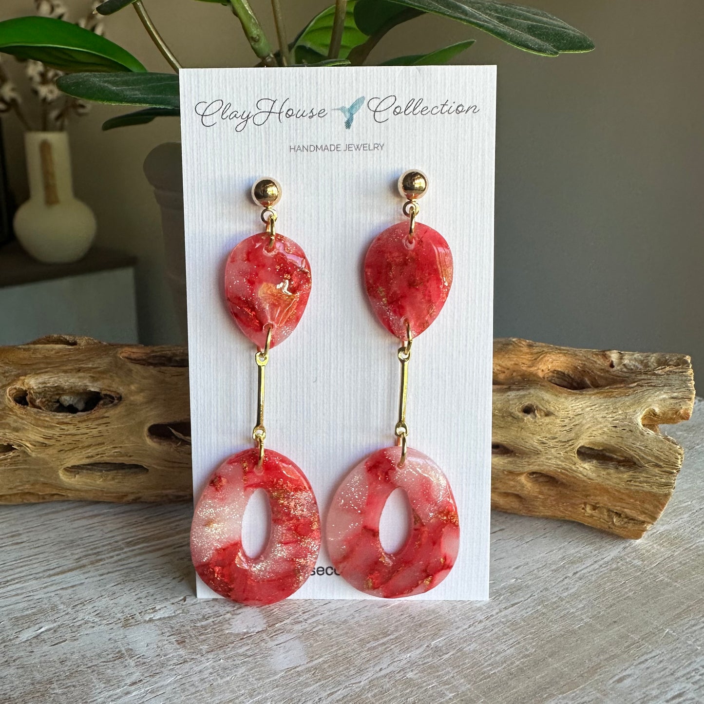 Red Metallic Teardrop & Oval Dangle Earrings