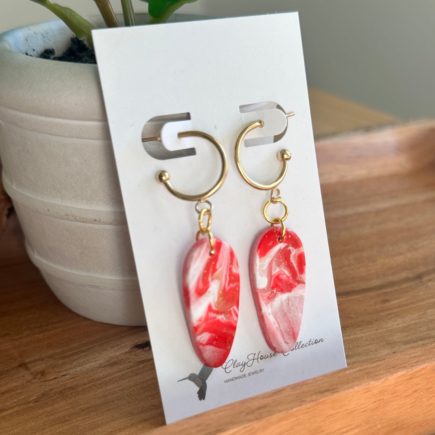 Red Swirl w/ Hoop Clay Earrings