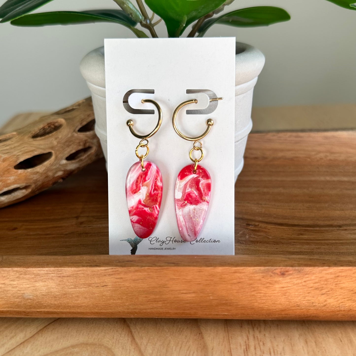 Red Swirl w/ Hoop Clay Earrings