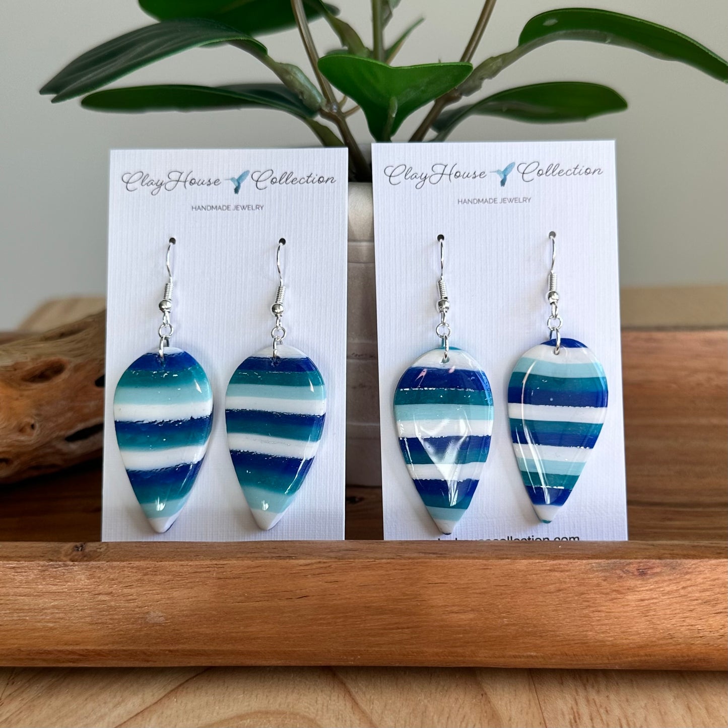 Teardrop Striped Blues Clay Earrings