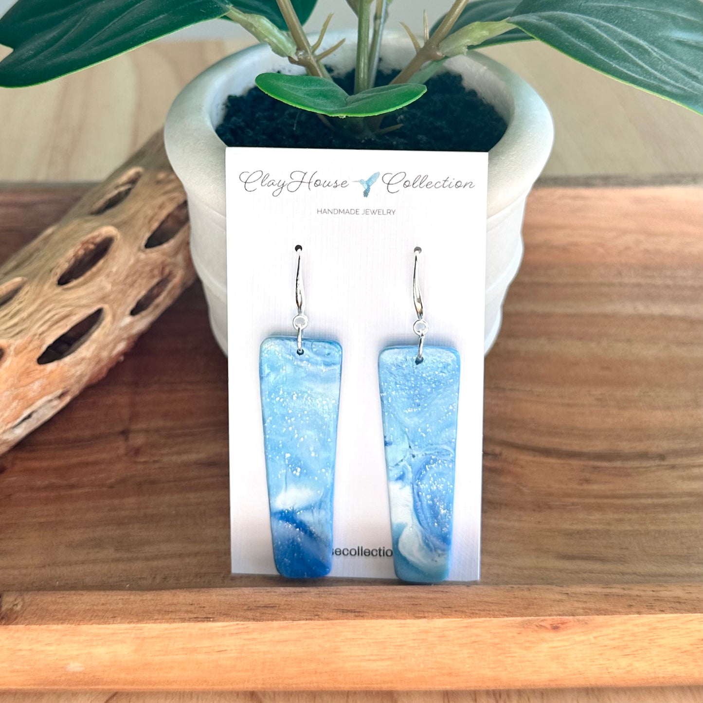 Long Blue Marble Drop Clay Earrings