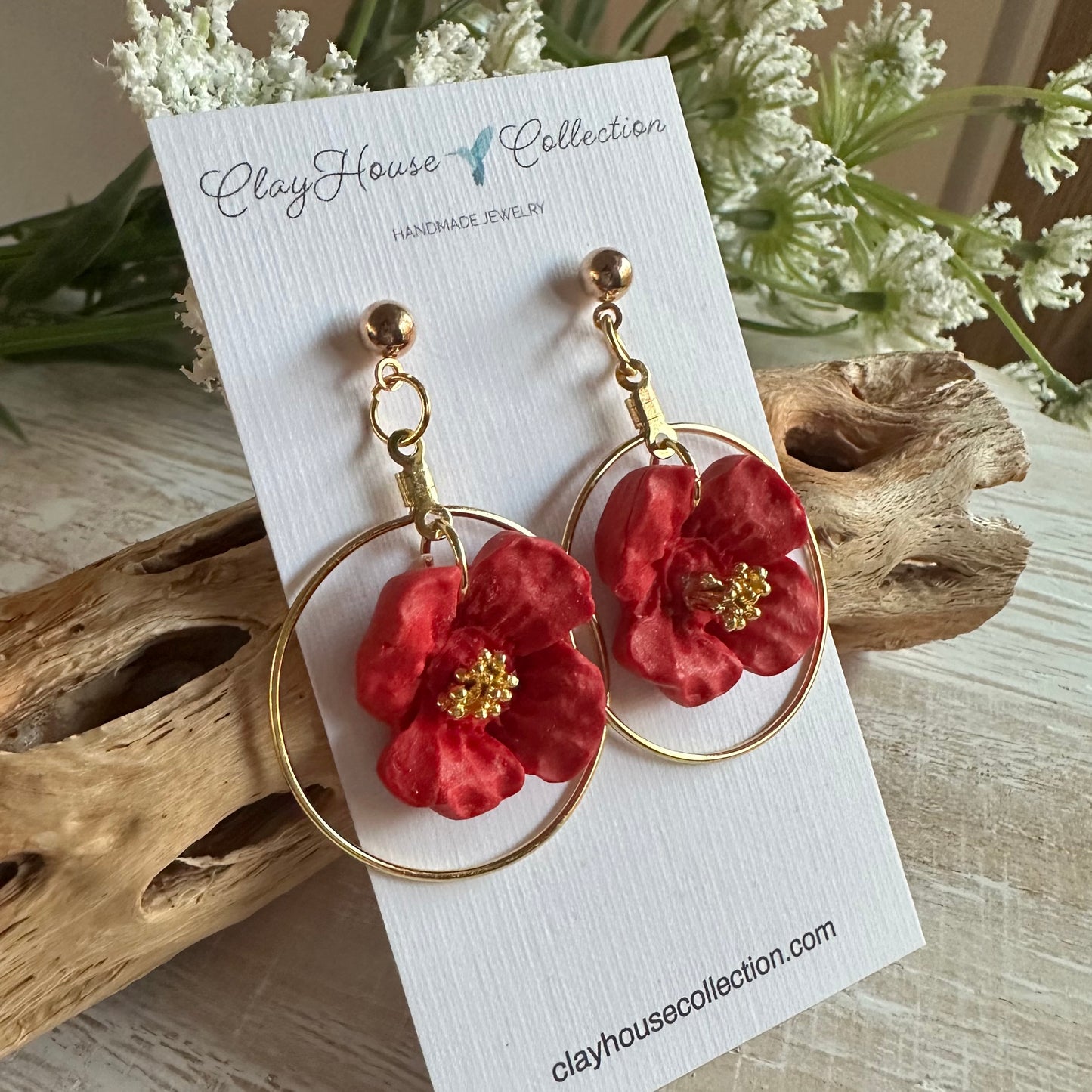 Red Flower Gold Circle Stud Earrings