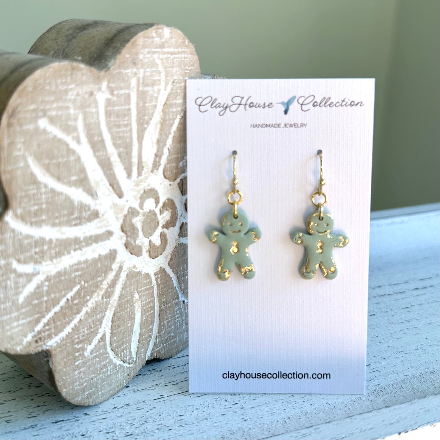 Sage Gingerbread Man Clay Earrings