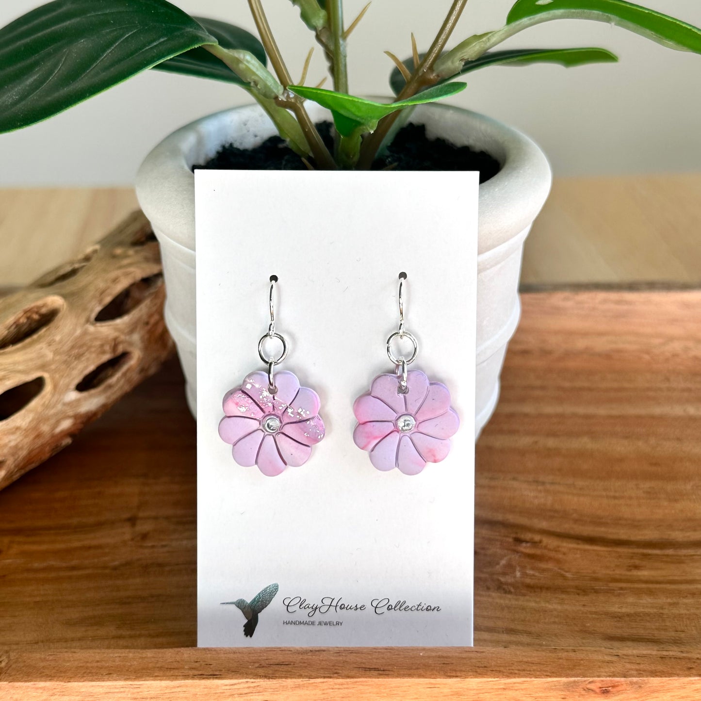 Lavender Marble Clay Flower Earrings