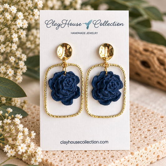 Handmade Navy Blue Rose Earrings – Midnight Blue Rose | Gold Geometric Dangle Earrings