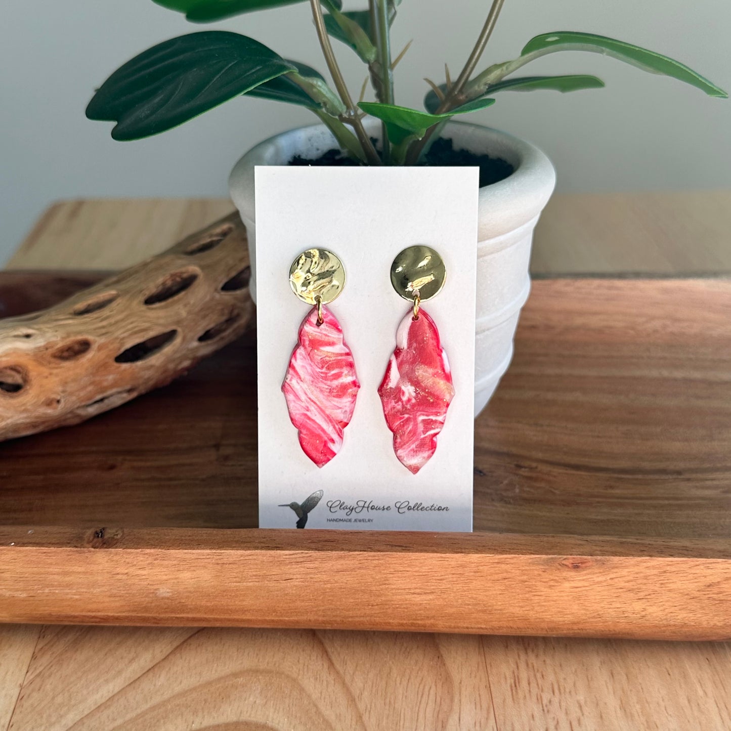 Red Swirl Drop Clay Earrings