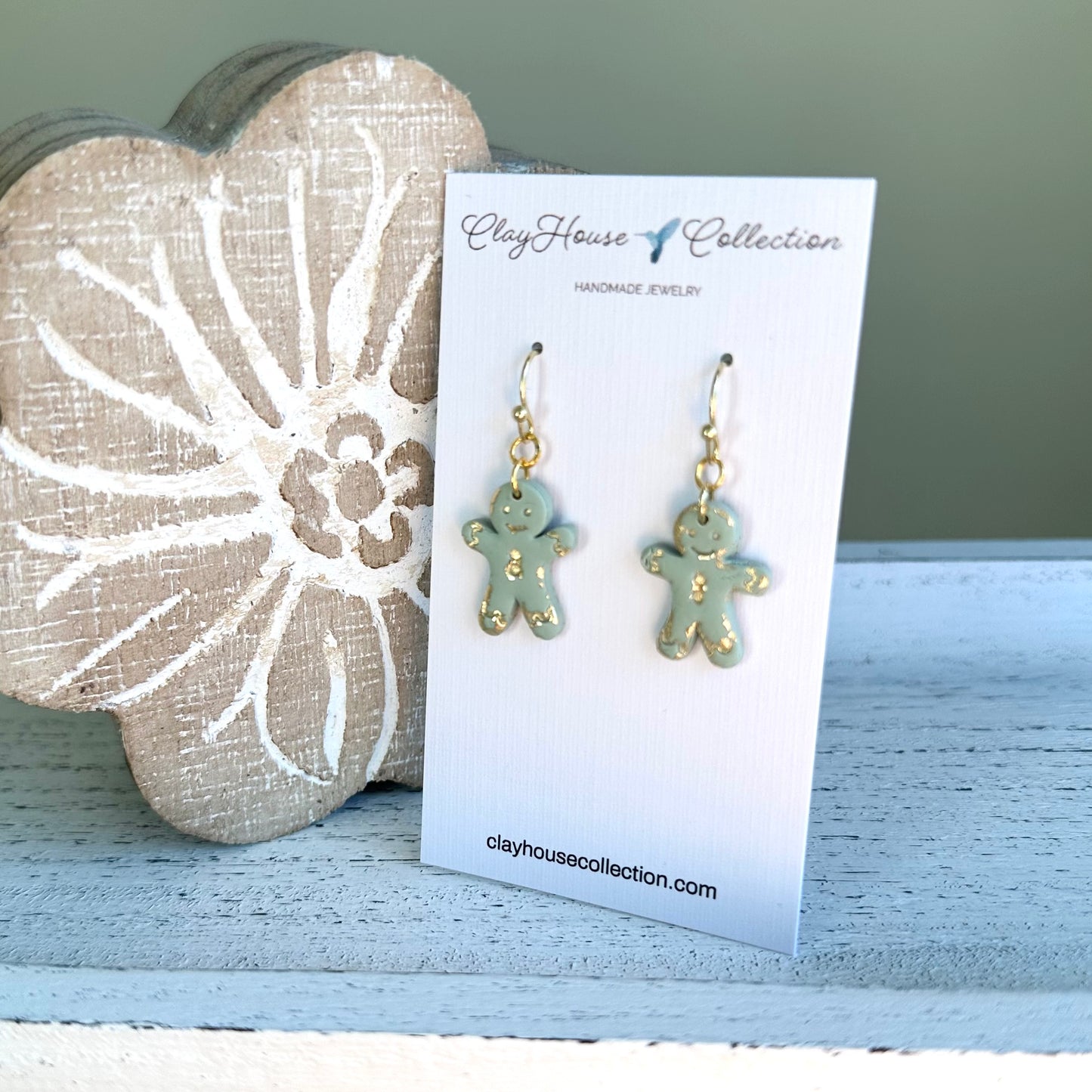 Sage Gingerbread Man Clay Earrings
