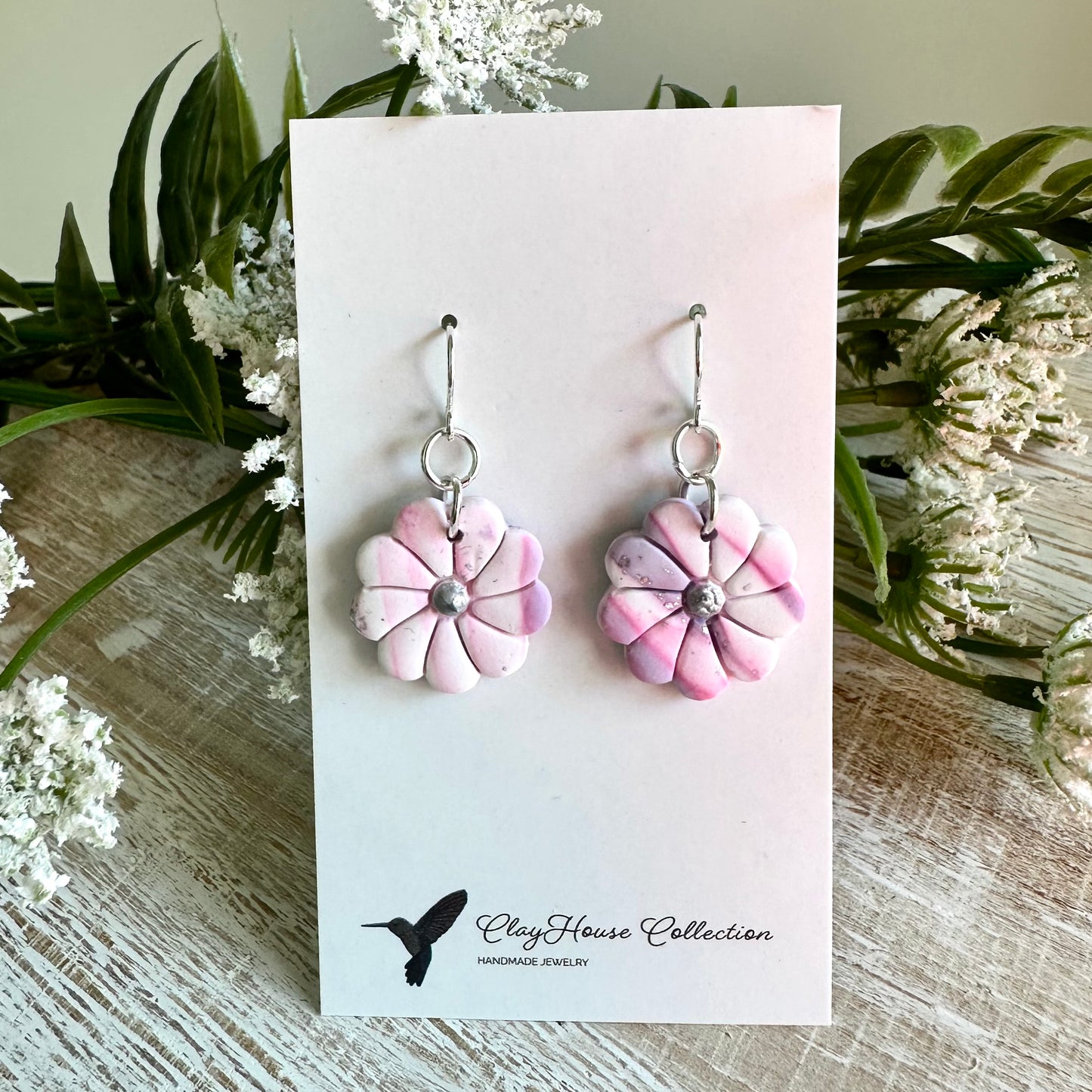Lavender Marble Clay Flower Earrings