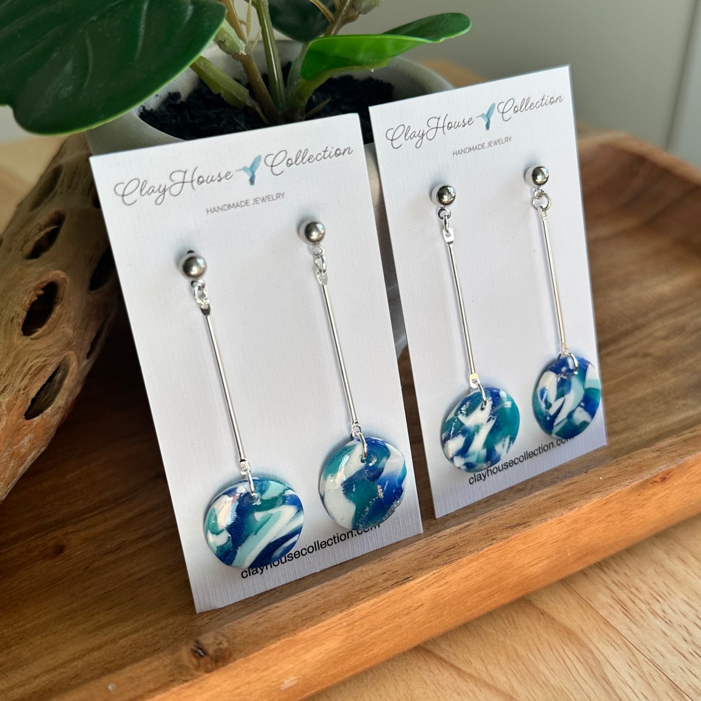 Blue Marble Clay Disc Dangle Earrings