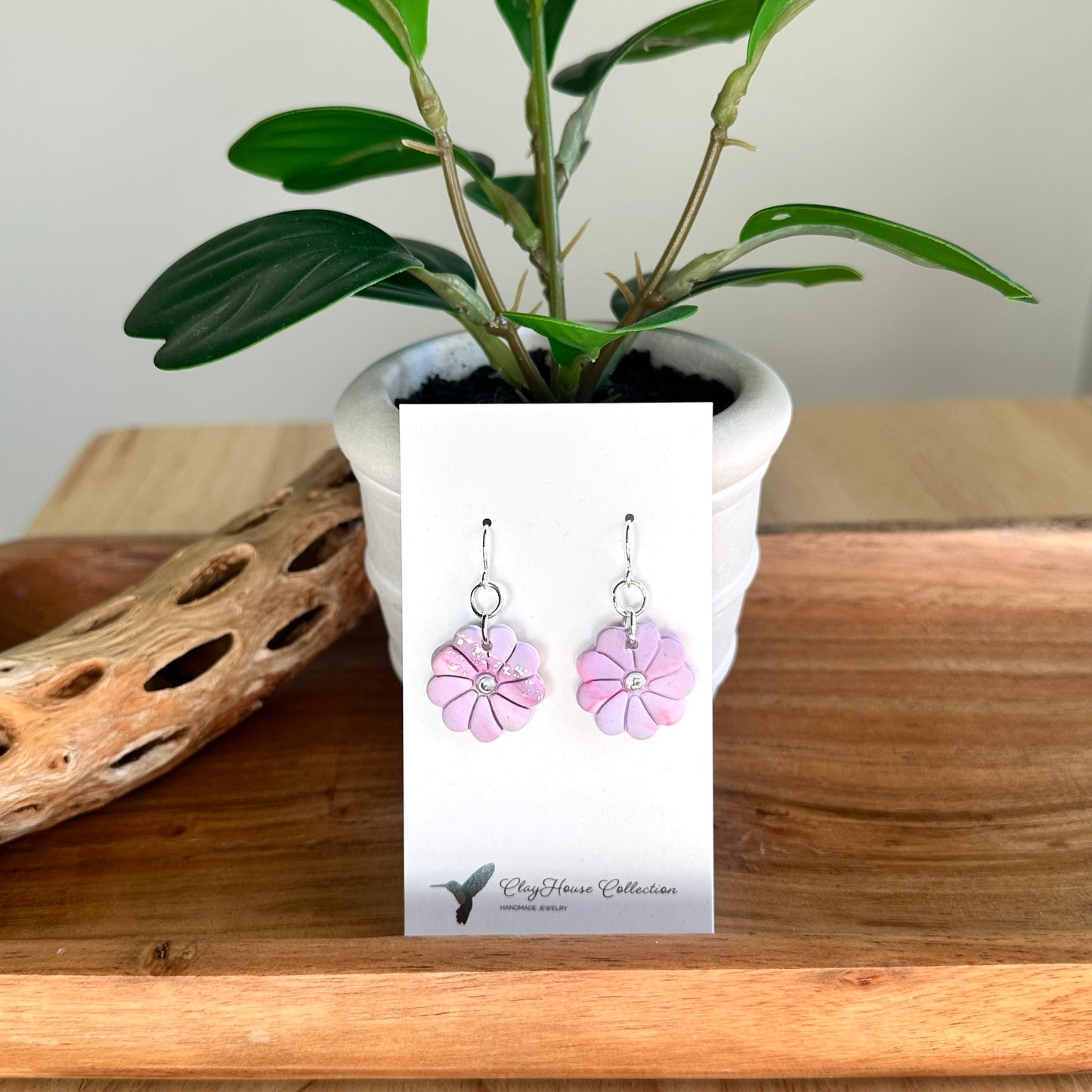 Lavender Marble Clay Flower Earrings