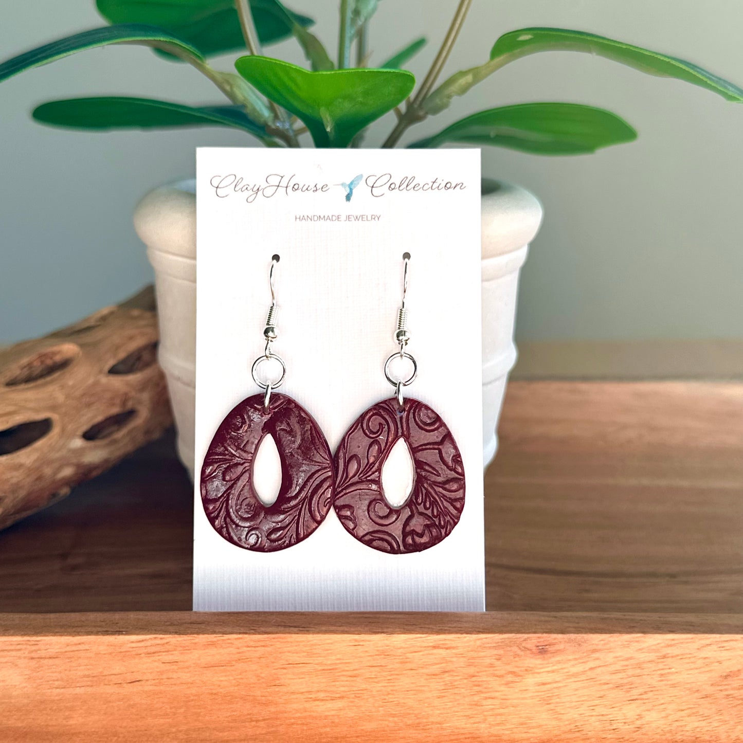 Wine Textured Dangle Earrings