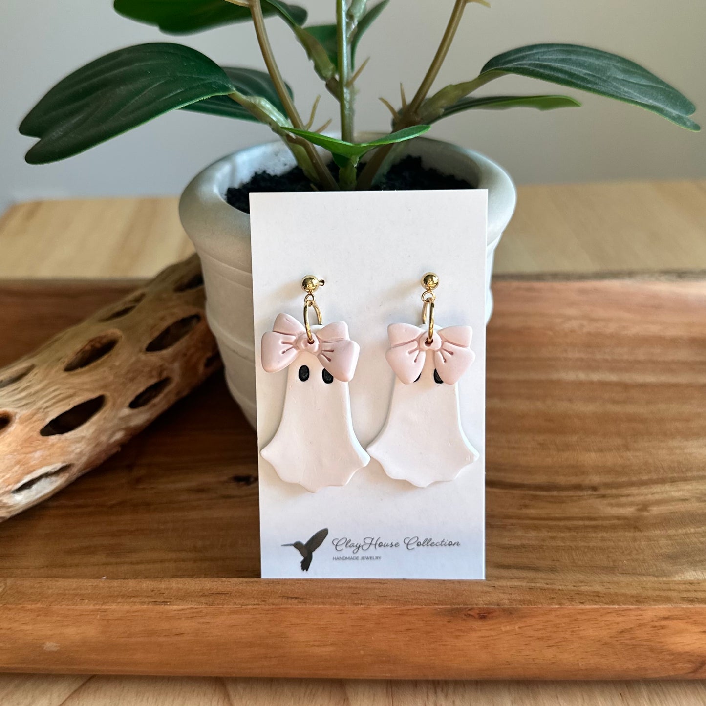 Pink Bow Ghost Clay Earrings