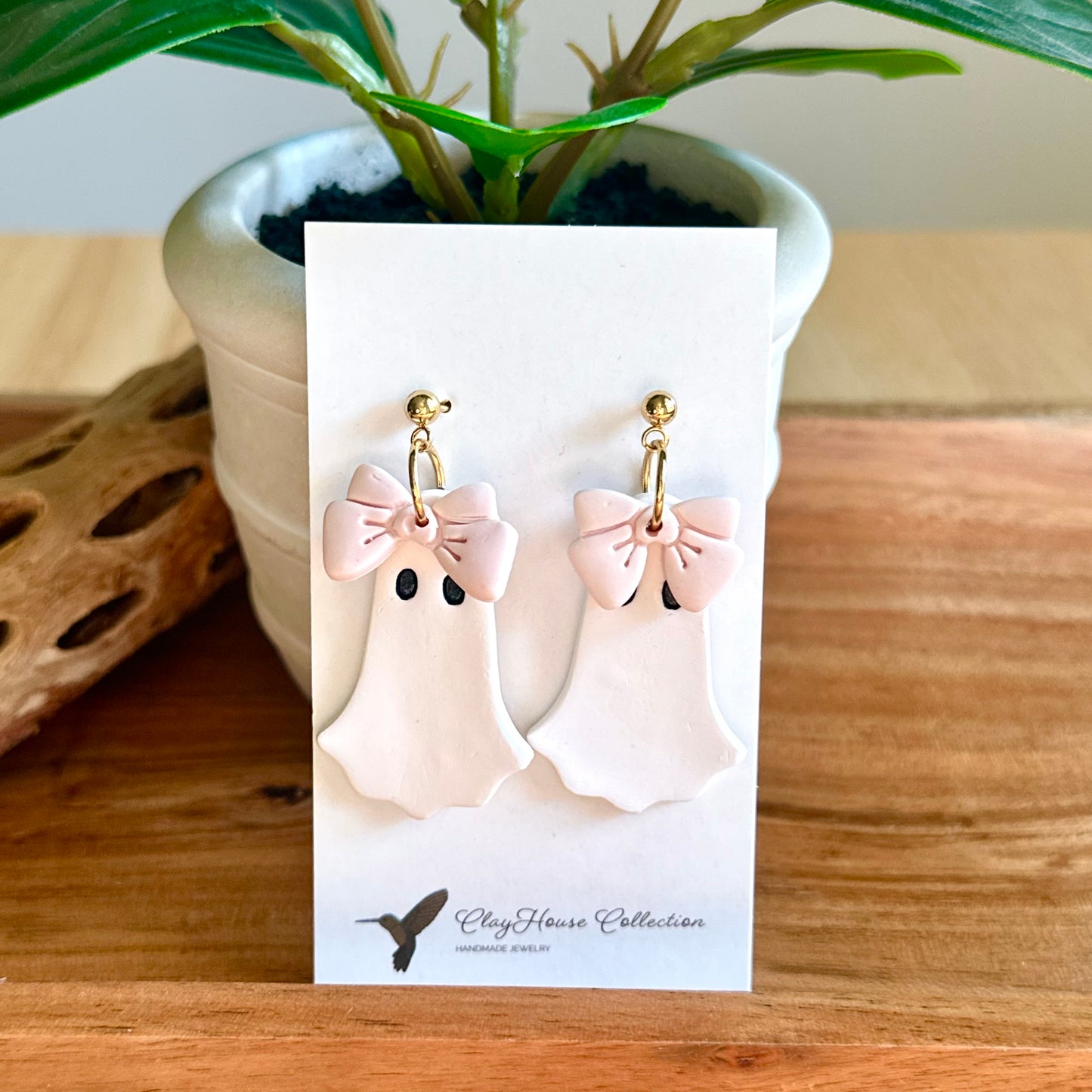 Pink Bow Ghost Clay Earrings