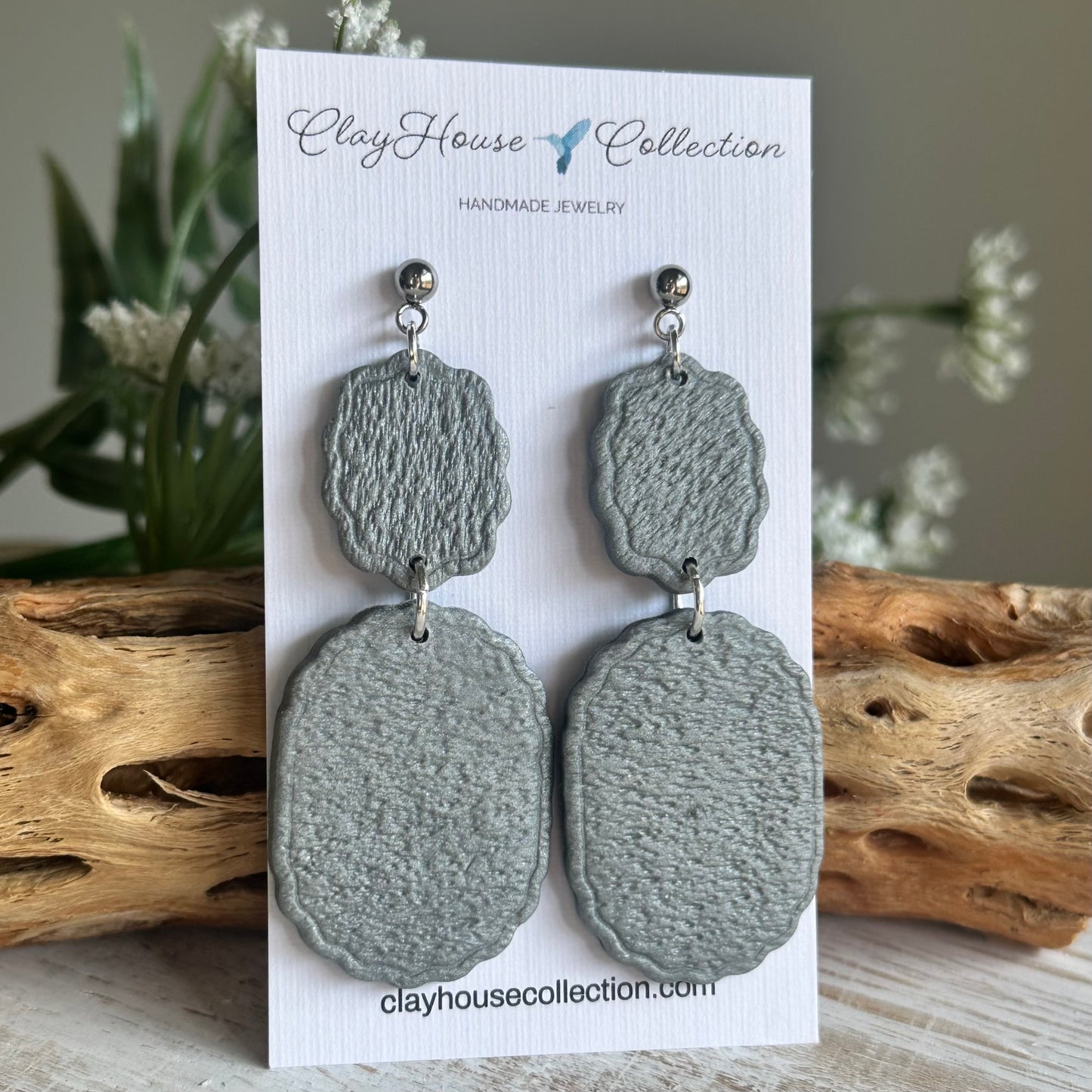 Textured Silver Scalloped Edge Clay Earrings
