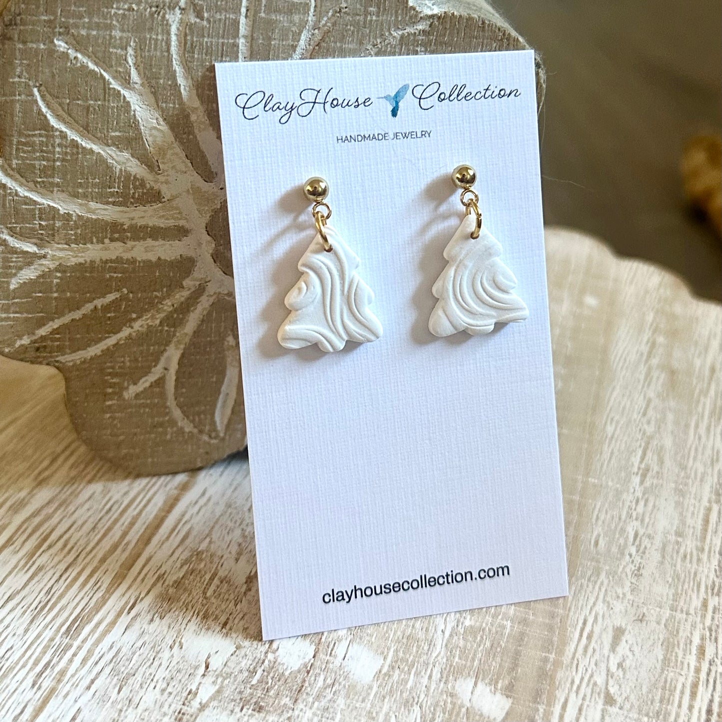 White Textured Clay Christmas Tree Earrings