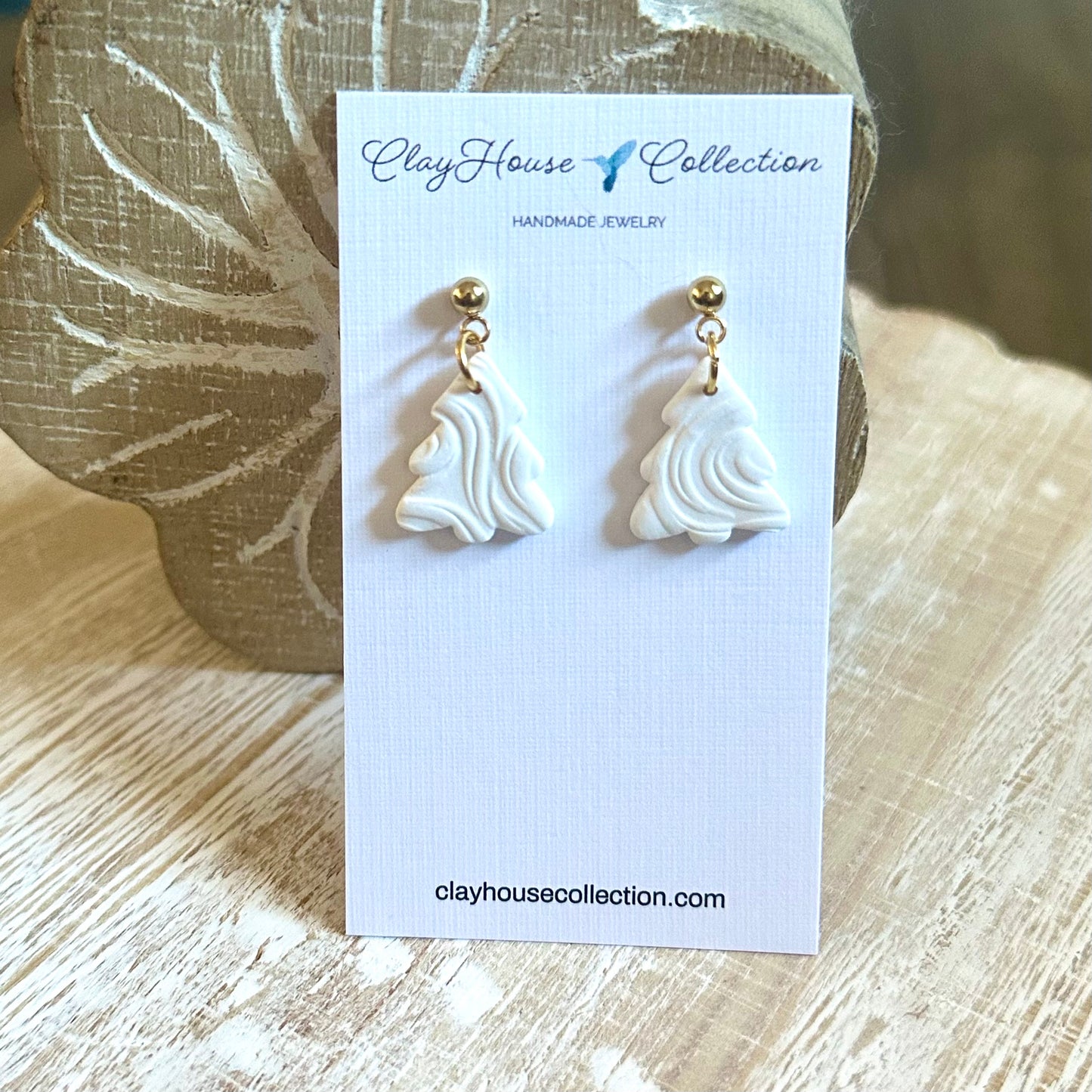 White Textured Clay Christmas Tree Earrings