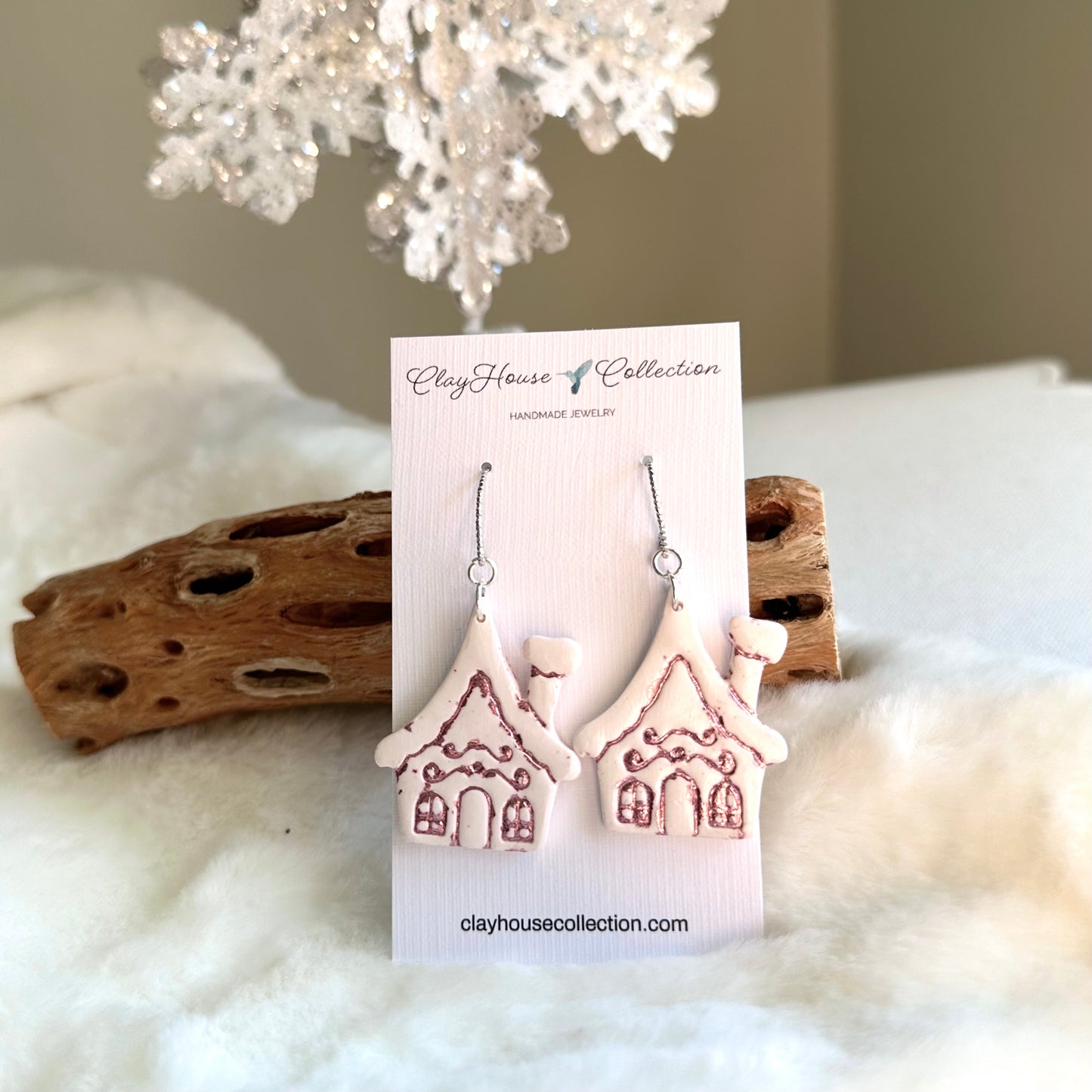 White Gingerbread House With Pink Foil Earrings