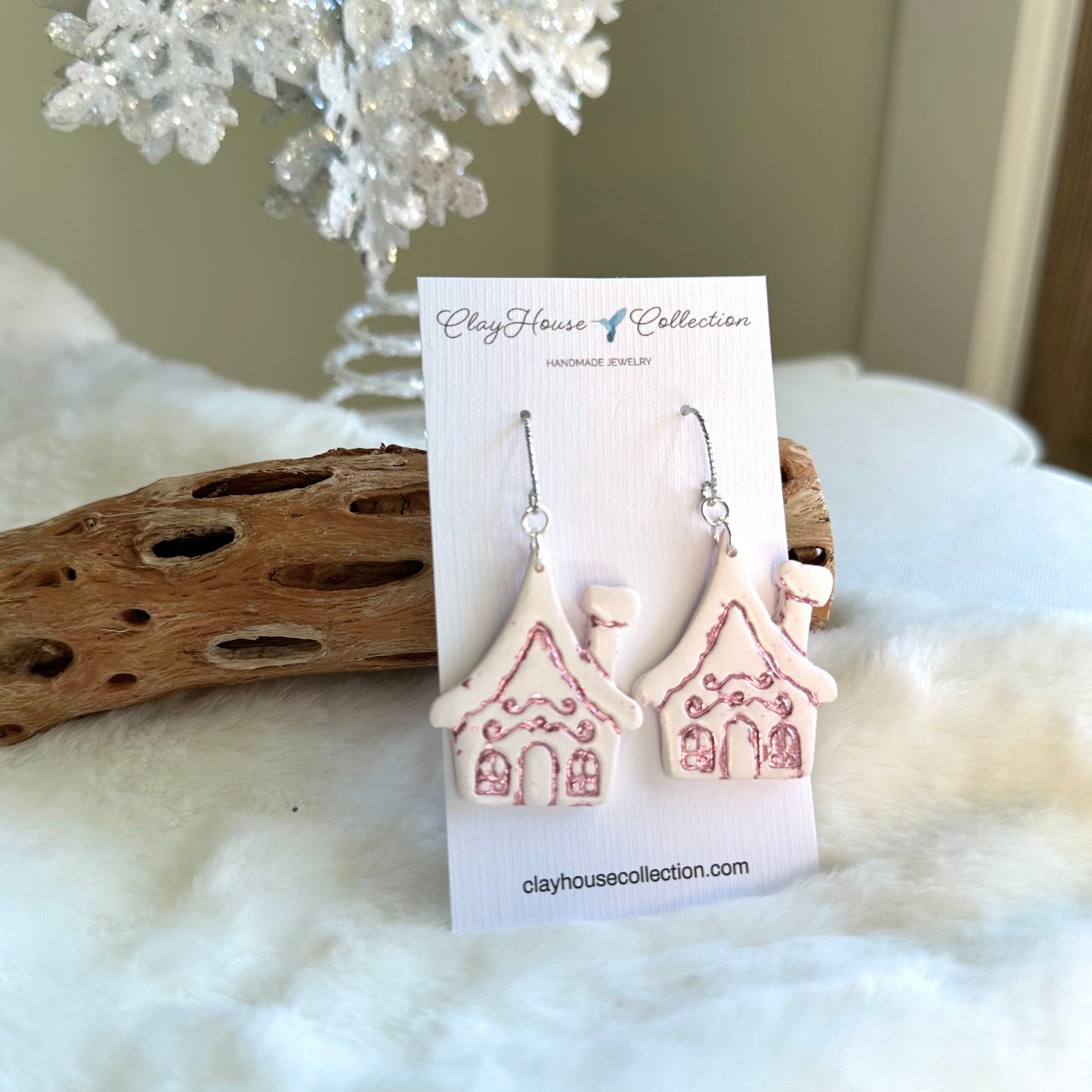 White Gingerbread House With Pink Foil Earrings