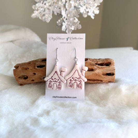 White Gingerbread House With Pink Foil Earrings