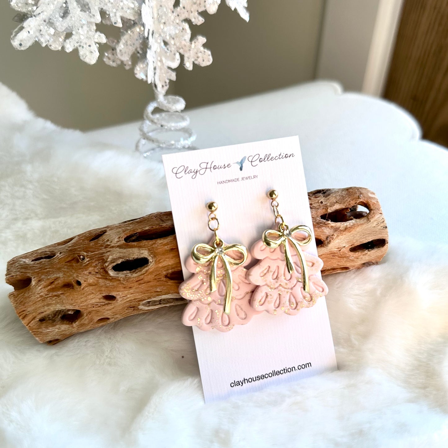 Pink Fancy Christmas Tree with Bow Earrings