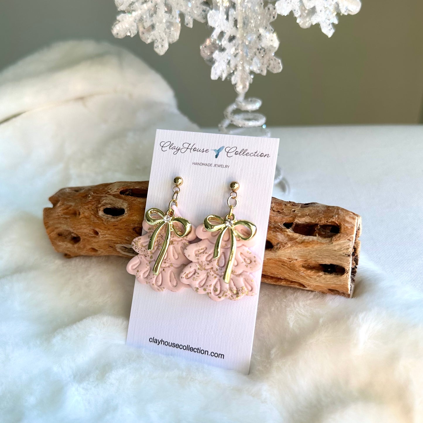 Pink Fancy Christmas Tree with Bow Earrings