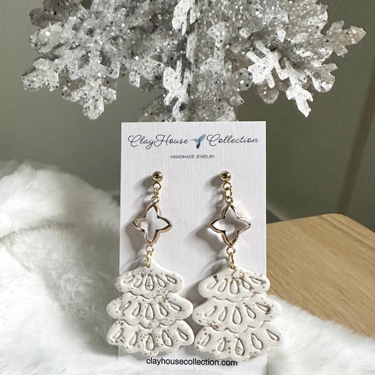 White lace-style earrings on a Clayhouse Collection card with decorative background