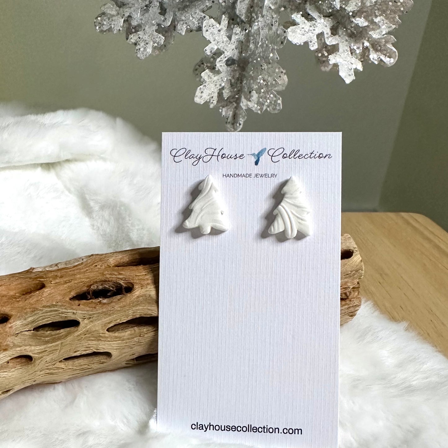 Small White Textured Clay Christmas Tree Earrings