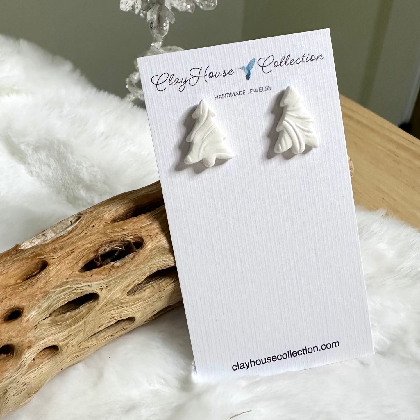 Small White Textured Clay Christmas Tree Earrings