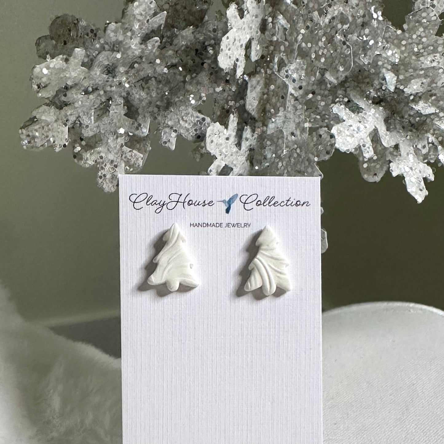 Small White Textured Clay Christmas Tree Earrings