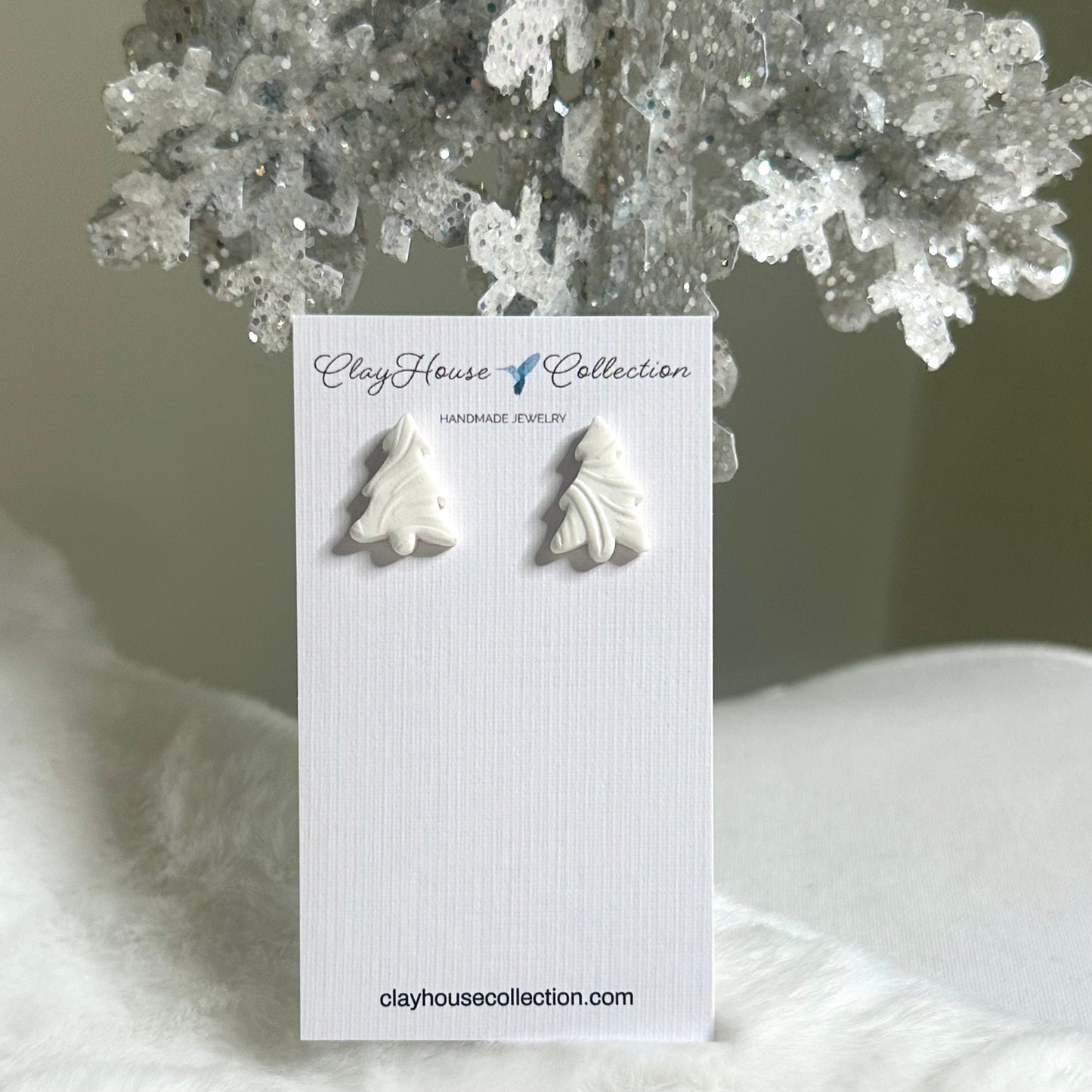 Small White Textured Clay Christmas Tree Earrings