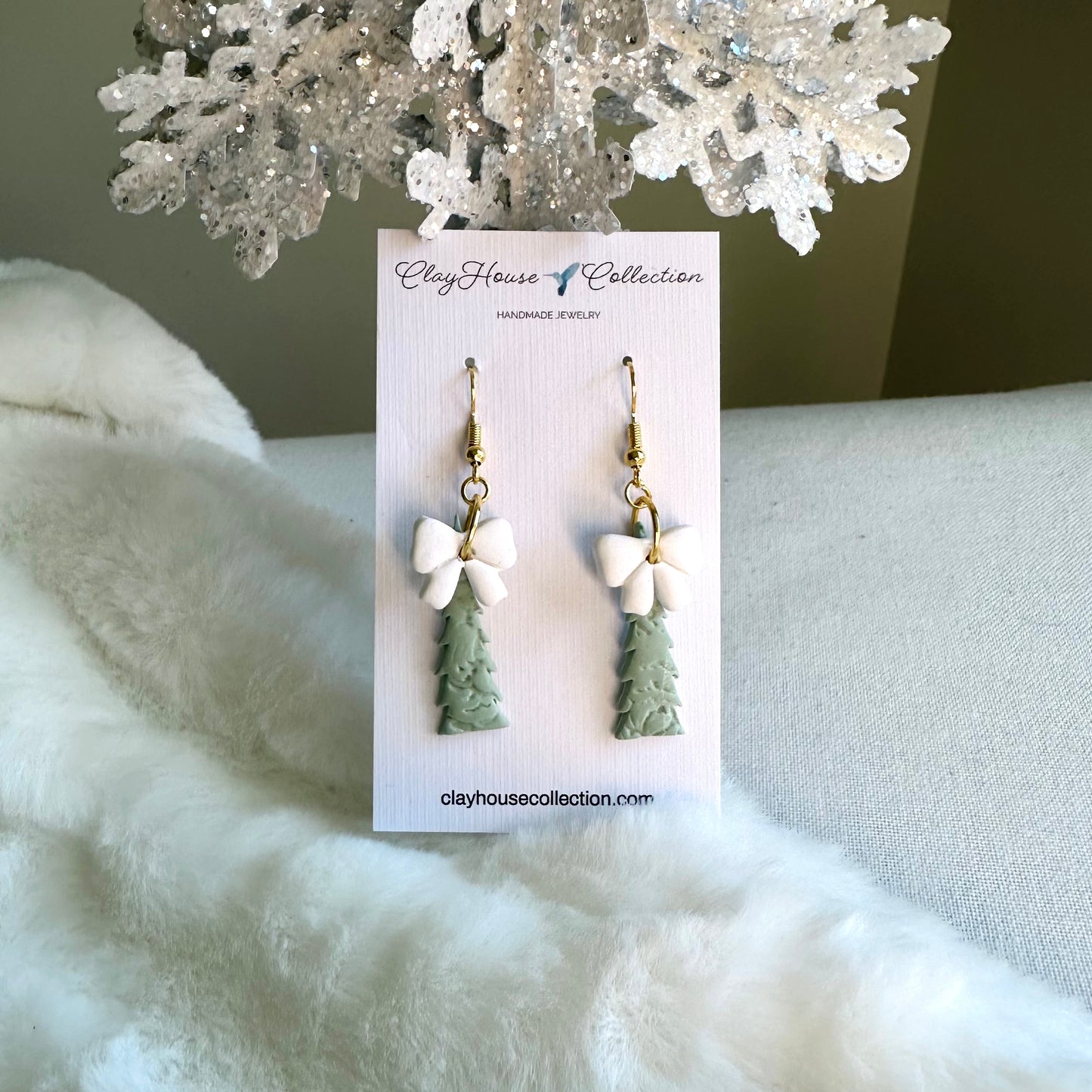 Sage Textured Christmas Tree Bow Earrings