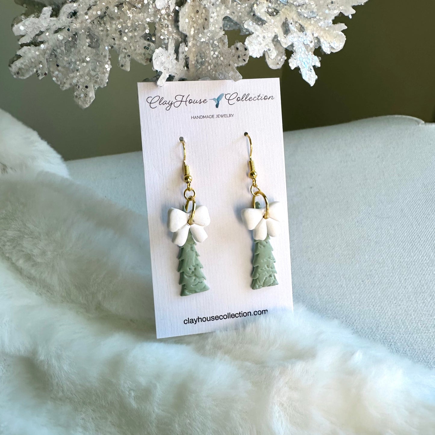 Sage Textured Christmas Tree Bow Earrings