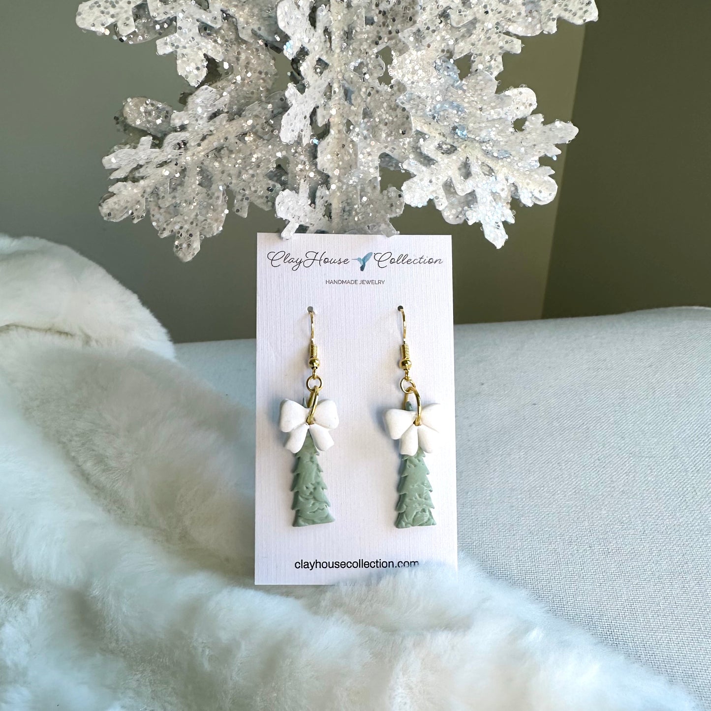 Sage Textured Christmas Tree Bow Earrings
