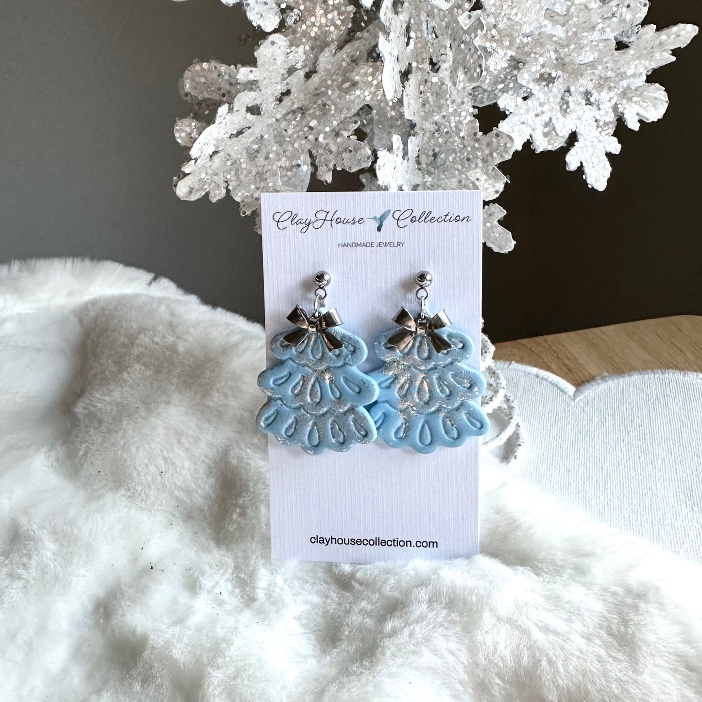Light Blue Fancy Christmas Tree with Bow Earrings