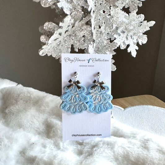 Light Blue Fancy Christmas Tree with Bow Earrings