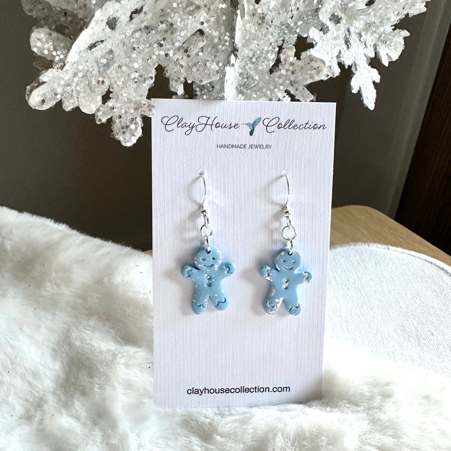 Blue Gingerbread Man Clay Earrings
