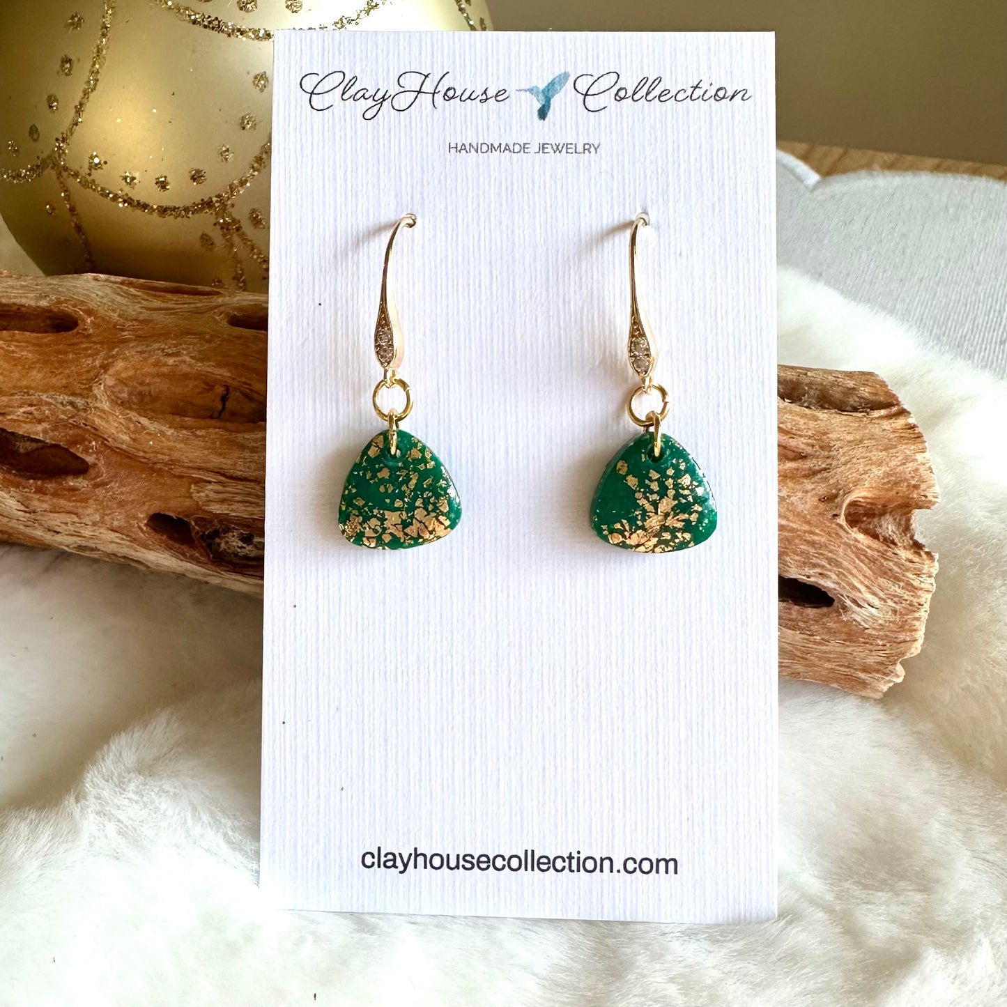Small Triangle Green and Gold Dangle Earrings