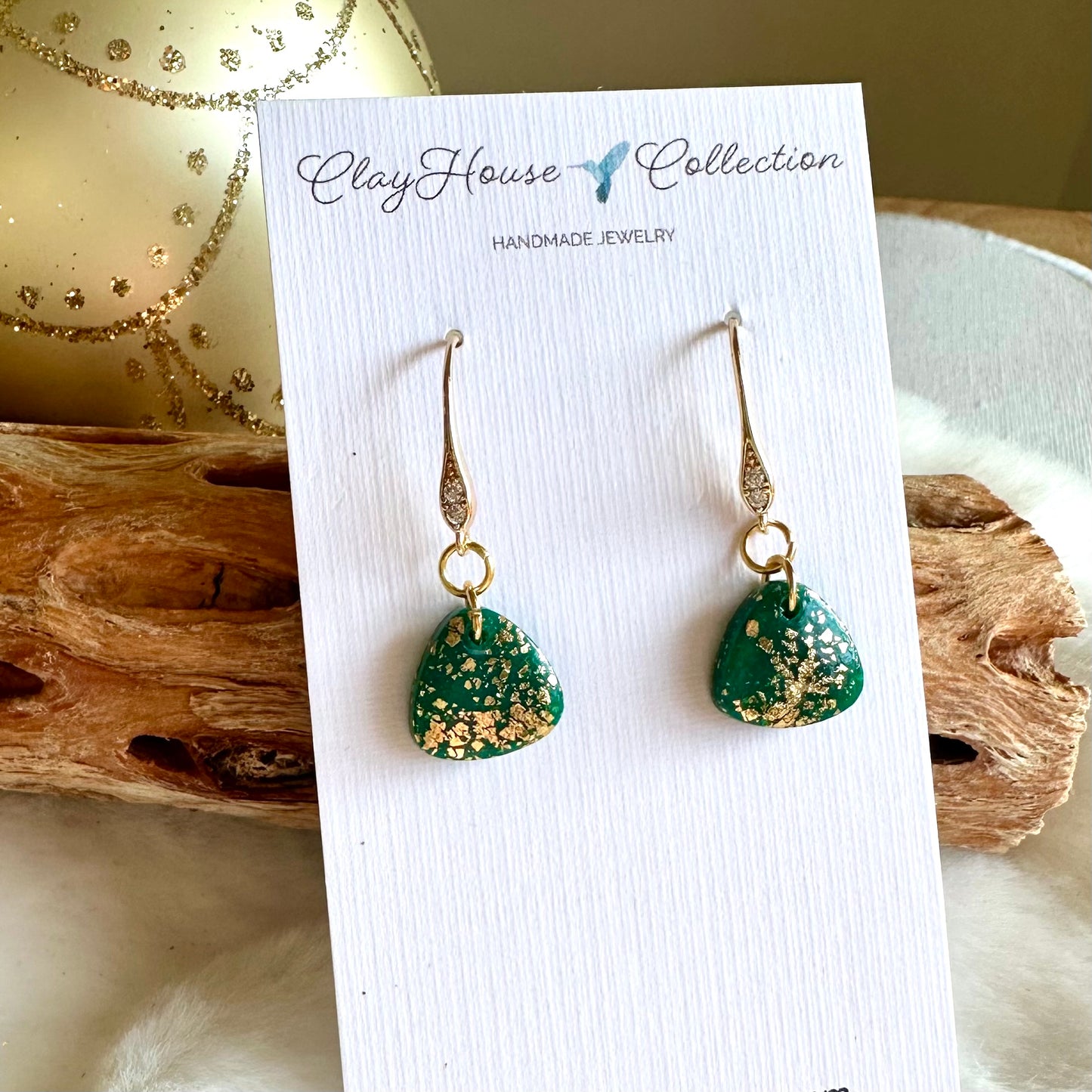 Small Triangle Green and Gold Dangle Earrings