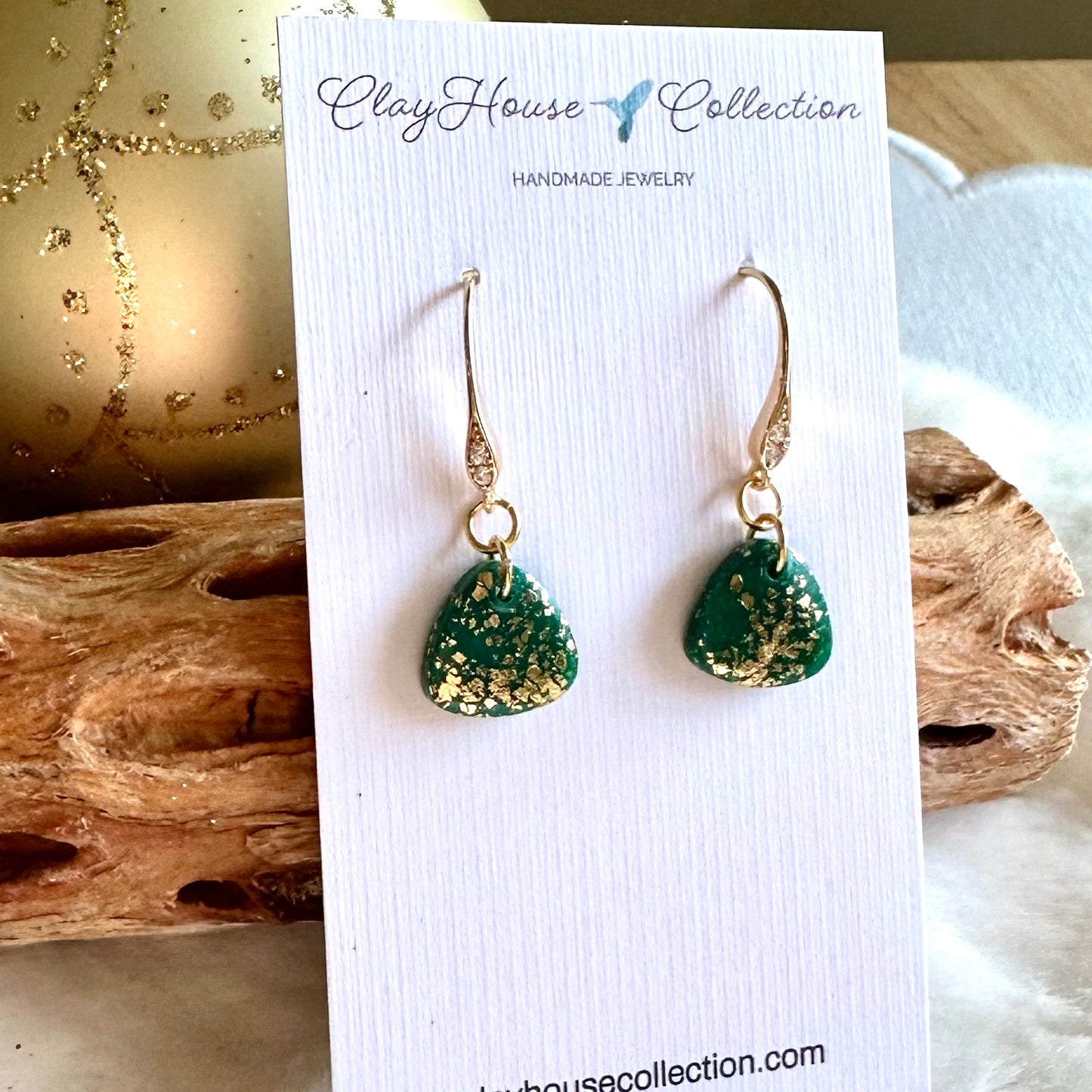 Small Triangle Green and Gold Dangle Earrings