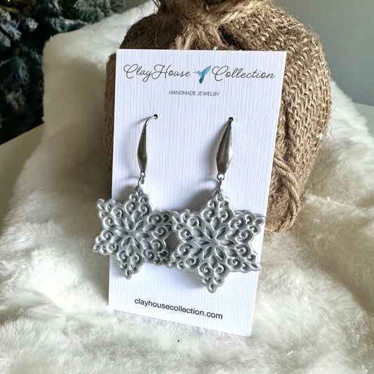 Silver Snowflake Textured Clay Earrings