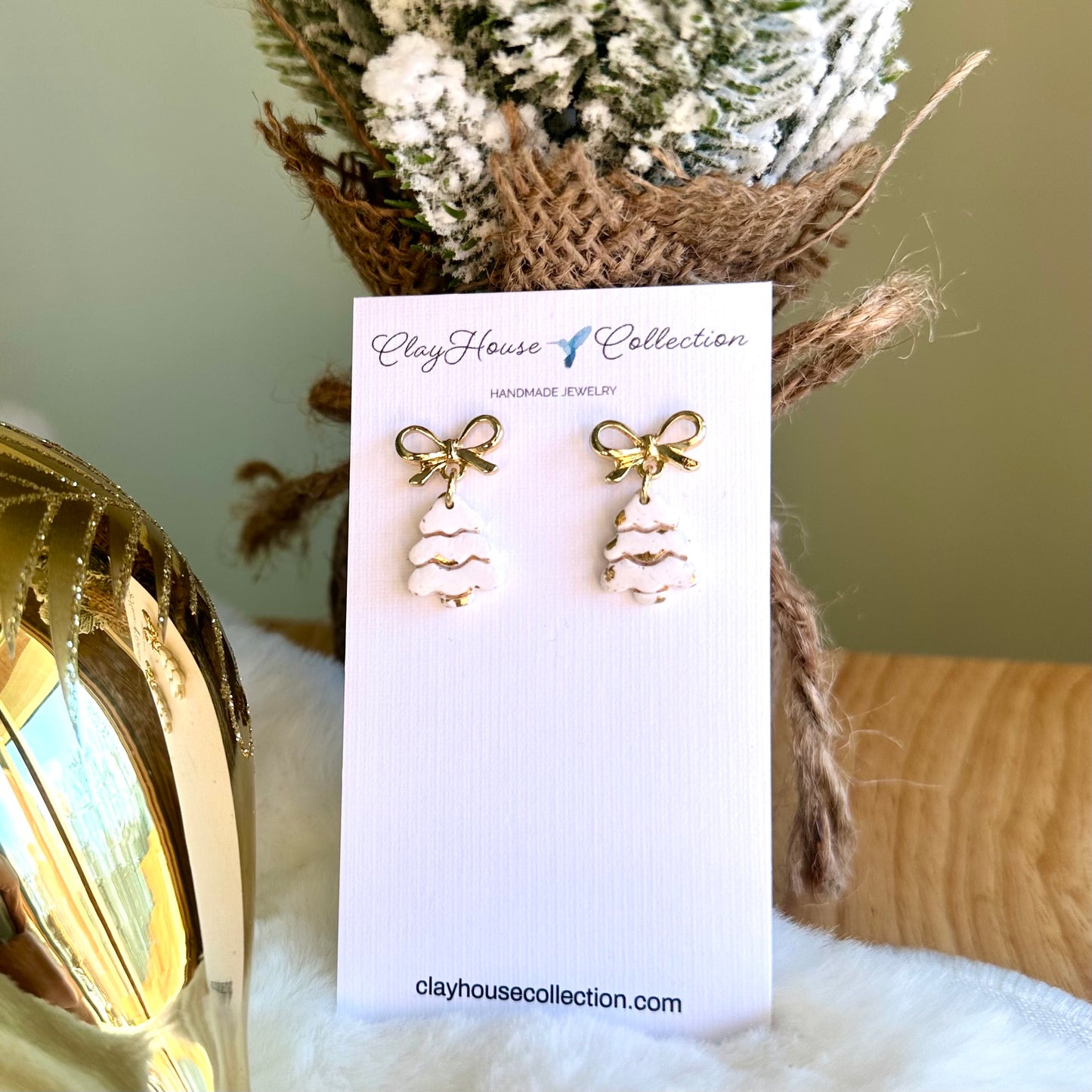 White Mini Christmas Tree With Bow Earrings