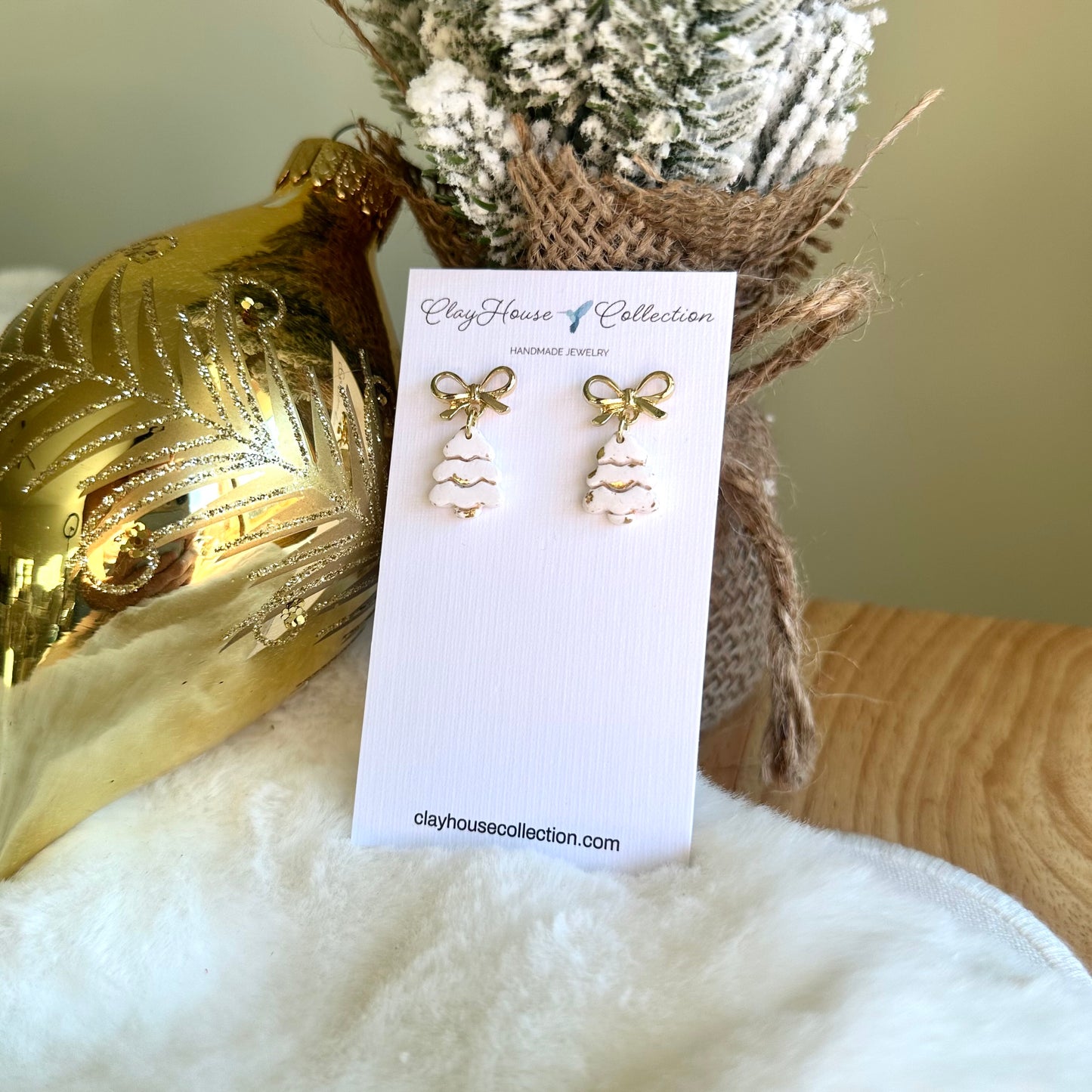 White Mini Christmas Tree With Bow Earrings