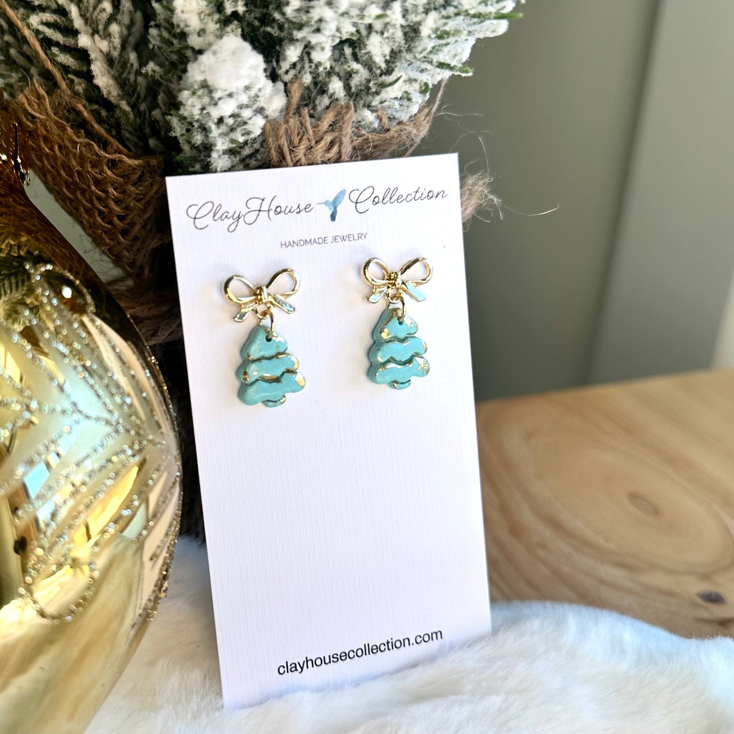 Aqua Mini Christmas Tree With Bow Earrings