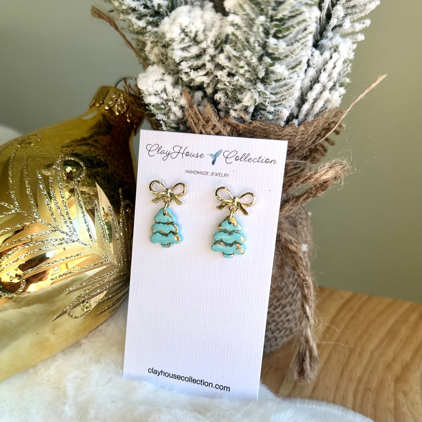 Aqua Mini Christmas Tree With Bow Earrings