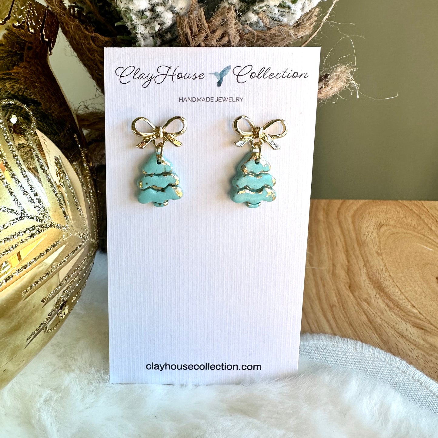 Aqua Mini Christmas Tree With Bow Earrings