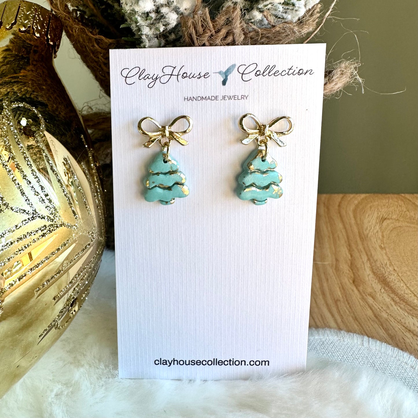 Aqua Mini Christmas Tree With Bow Earrings