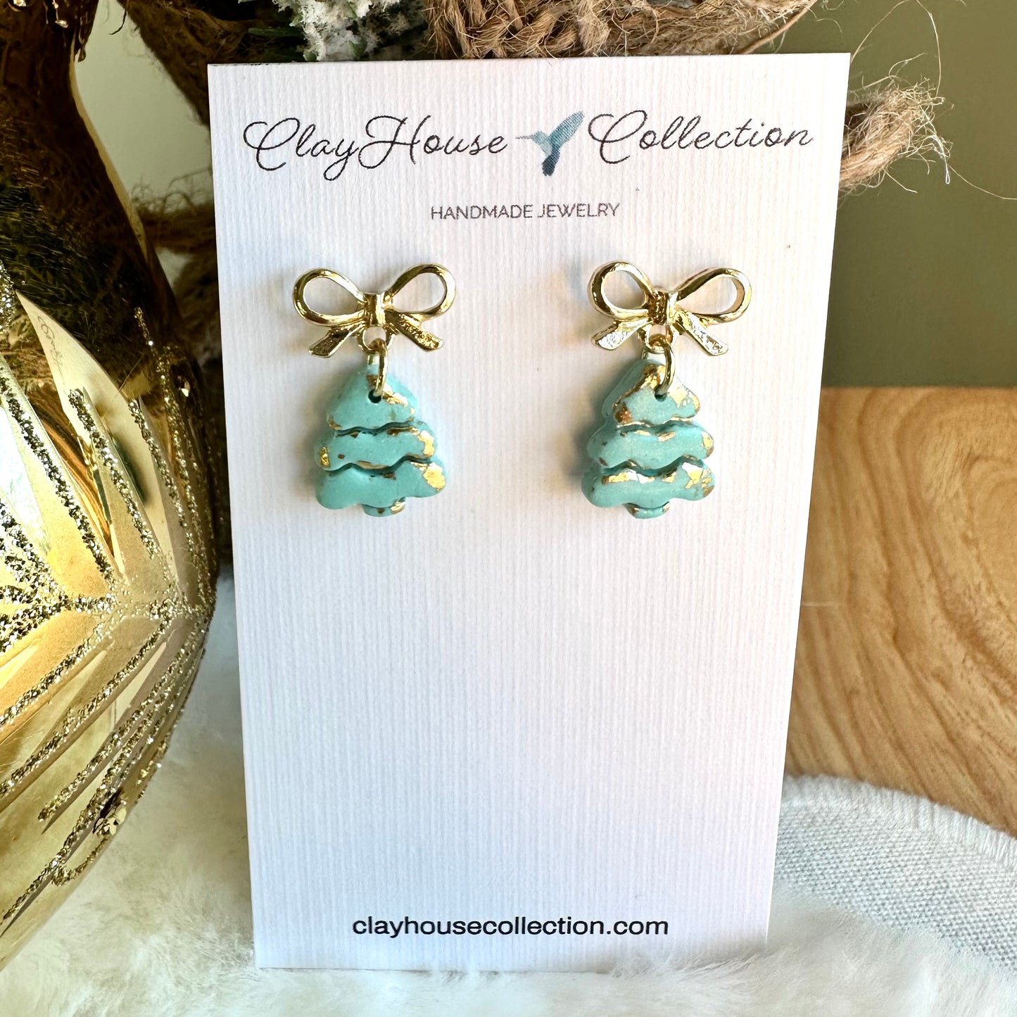 Aqua Mini Christmas Tree With Bow Earrings